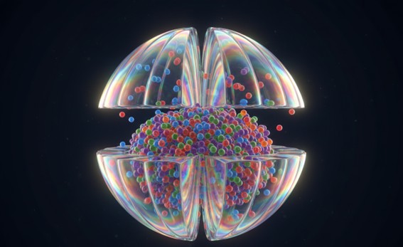 Cross-section of lipid nanoparticle encapsulating drug molecules.
