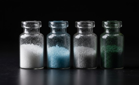 MOF crystalline powders (different compositions) with characteristic colors.