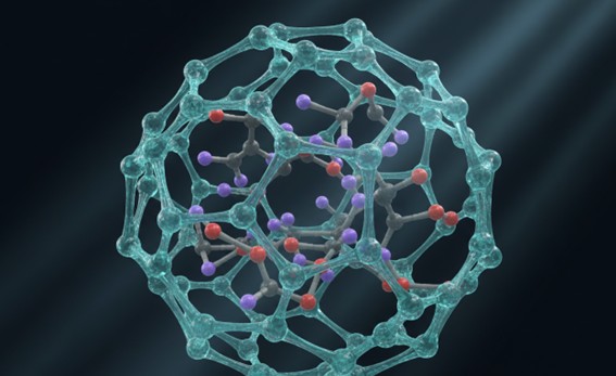 MOF crystal with gas molecules adsorbed in internal pores.