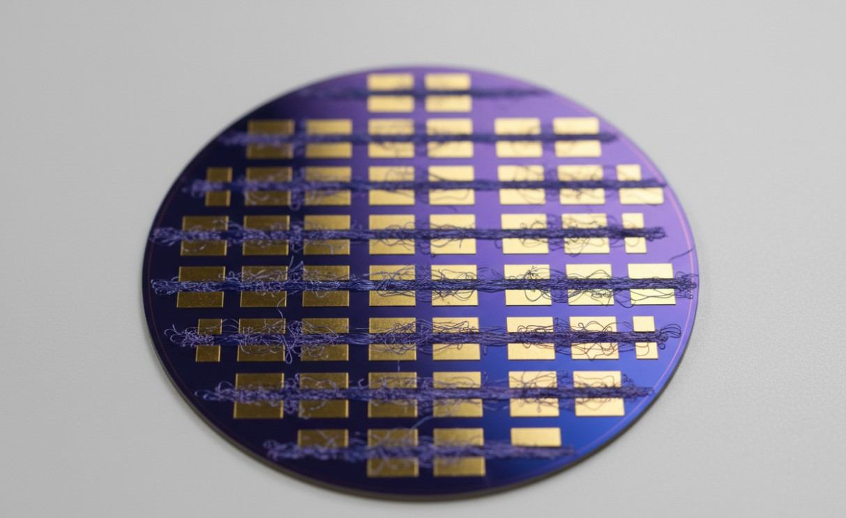 Patterned single-walled carbon nanotube field-effect transistor arrays on silicon wafer.