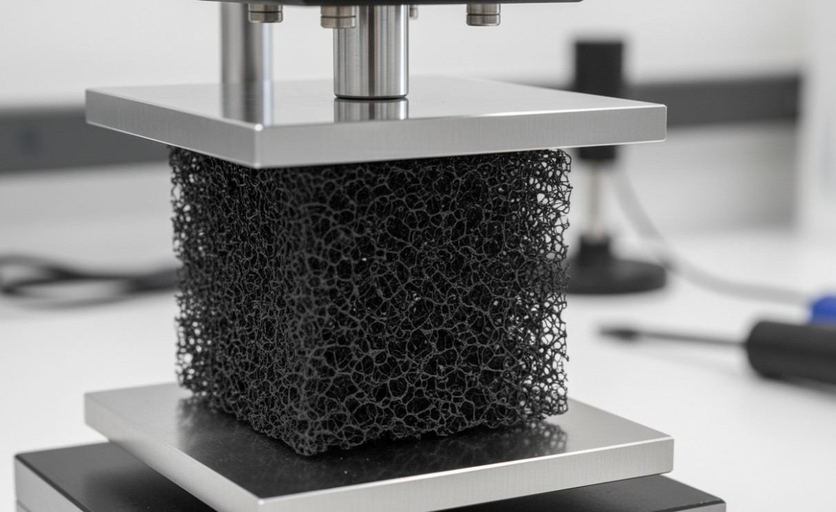 Compression test of carbon nanotube sponge for superelastic characterization.