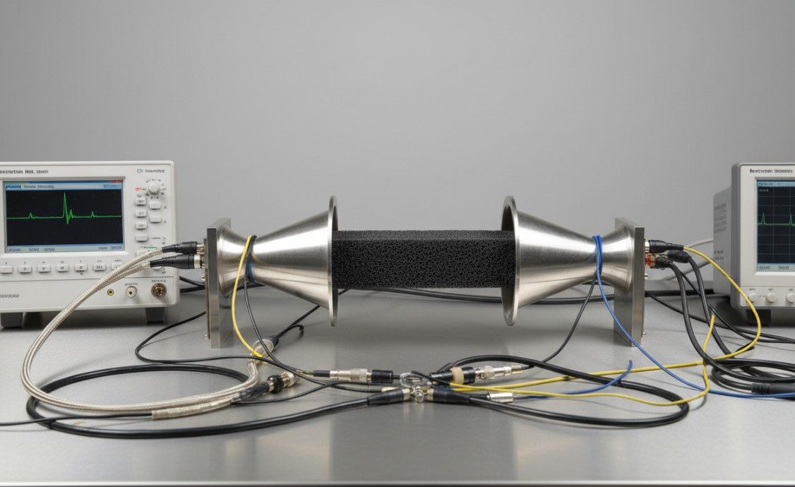 EMI shielding measurement setup with carbon nanotube sponge sample.