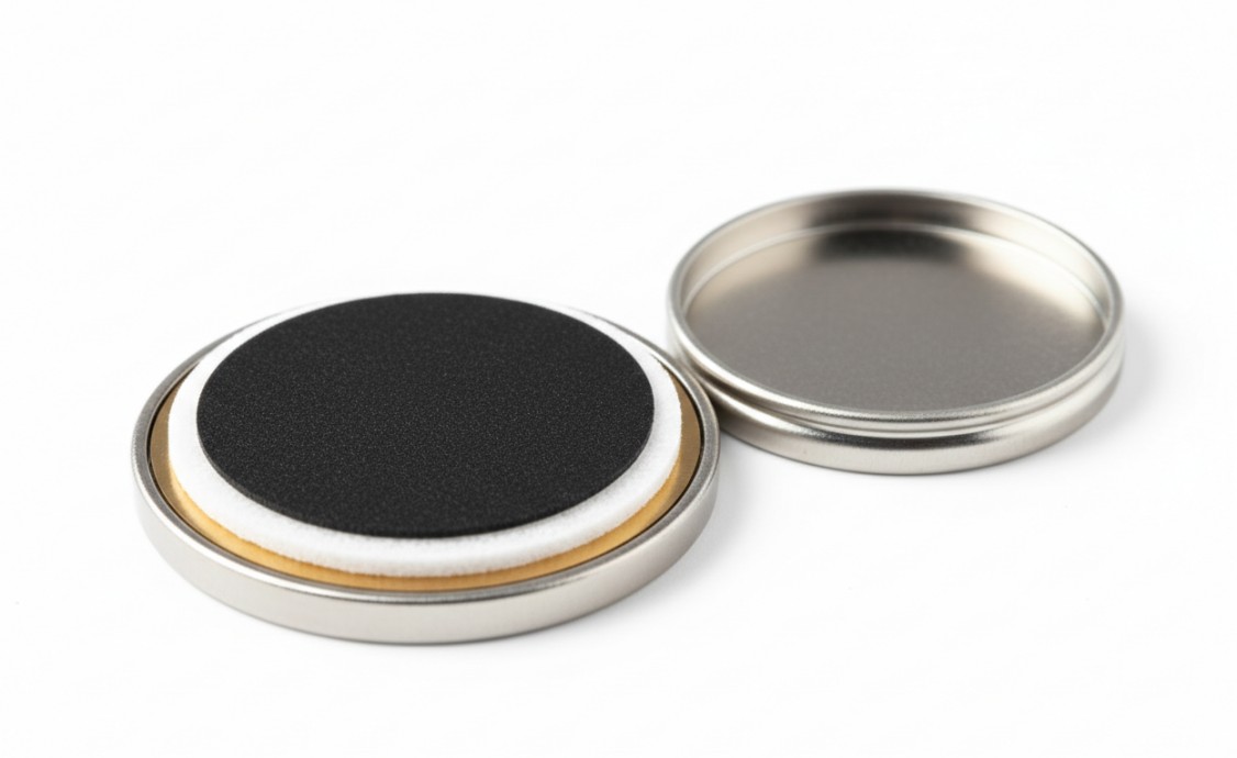Coin cell battery assembled with mesoporous carbon electrode.