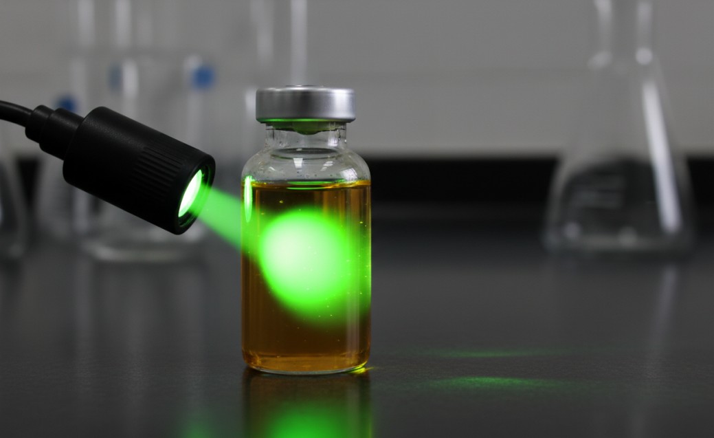 Fluorescent fullerene solution under UV illumination.