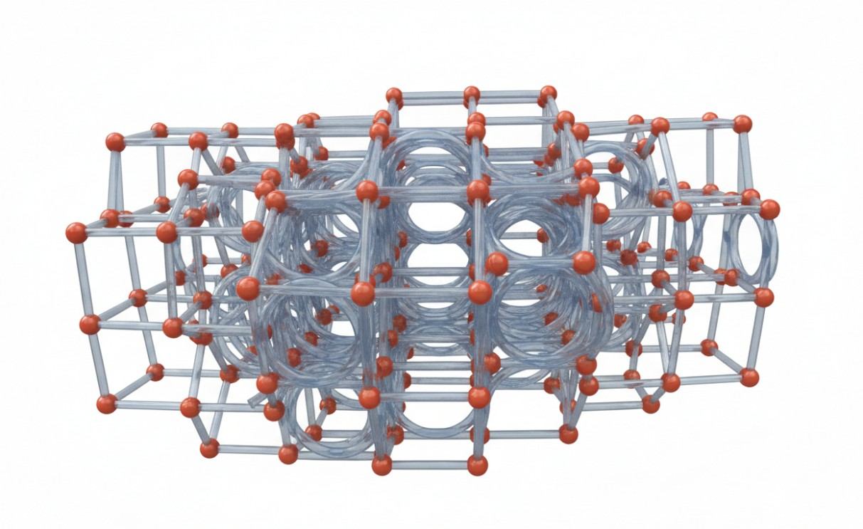 3D crystalline framework and interconnected pores of zeolite molecular sieve.