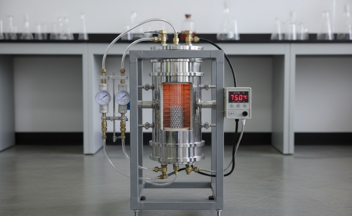 Tubular reactor with zeolite catalyst bed for catalytic evaluation.