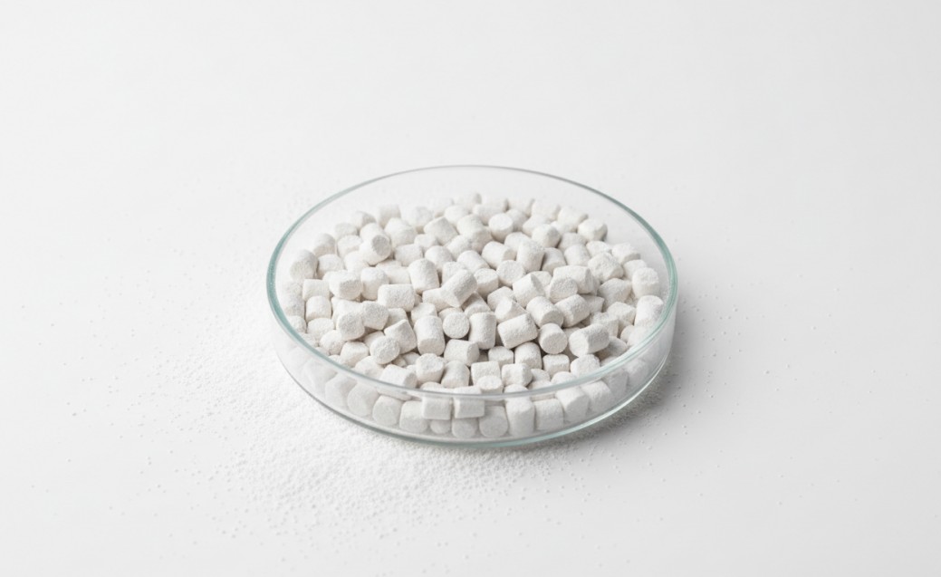 Uniform cylindrical pellets of high-quality zeolite molecular sieve.