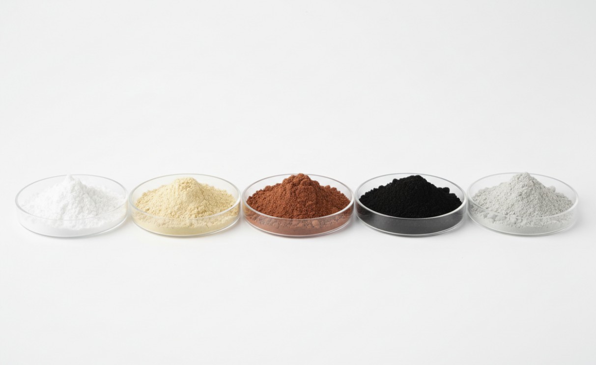 Various colored metal oxide nanopowders including TiO₂, ZnO, Fe₂O₃, CuO and Al₂O₃.
