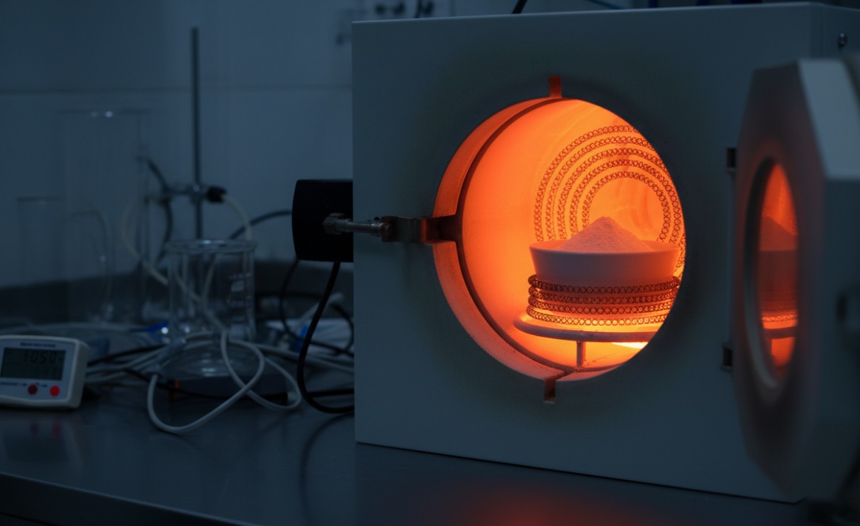 High-temperature calcination of alumina nanopowder in a laboratory furnace.
