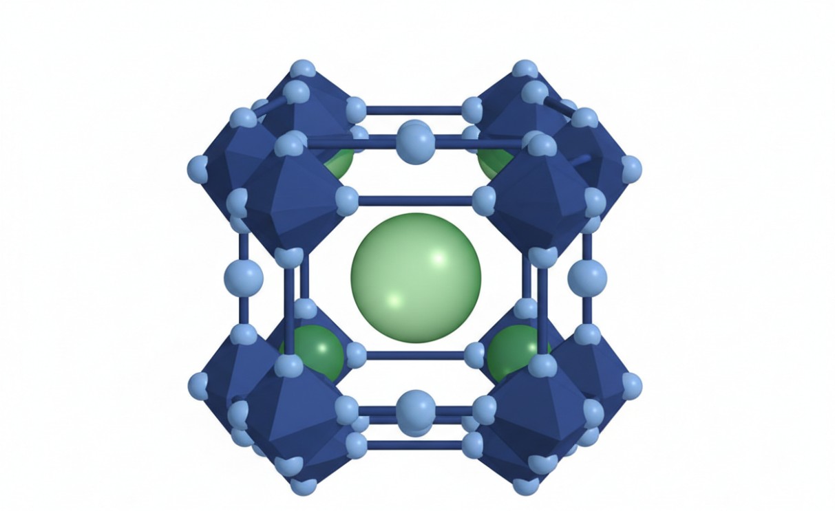 Crystal structure of ABX₃ perovskite with corner-sharing octahedral framework.