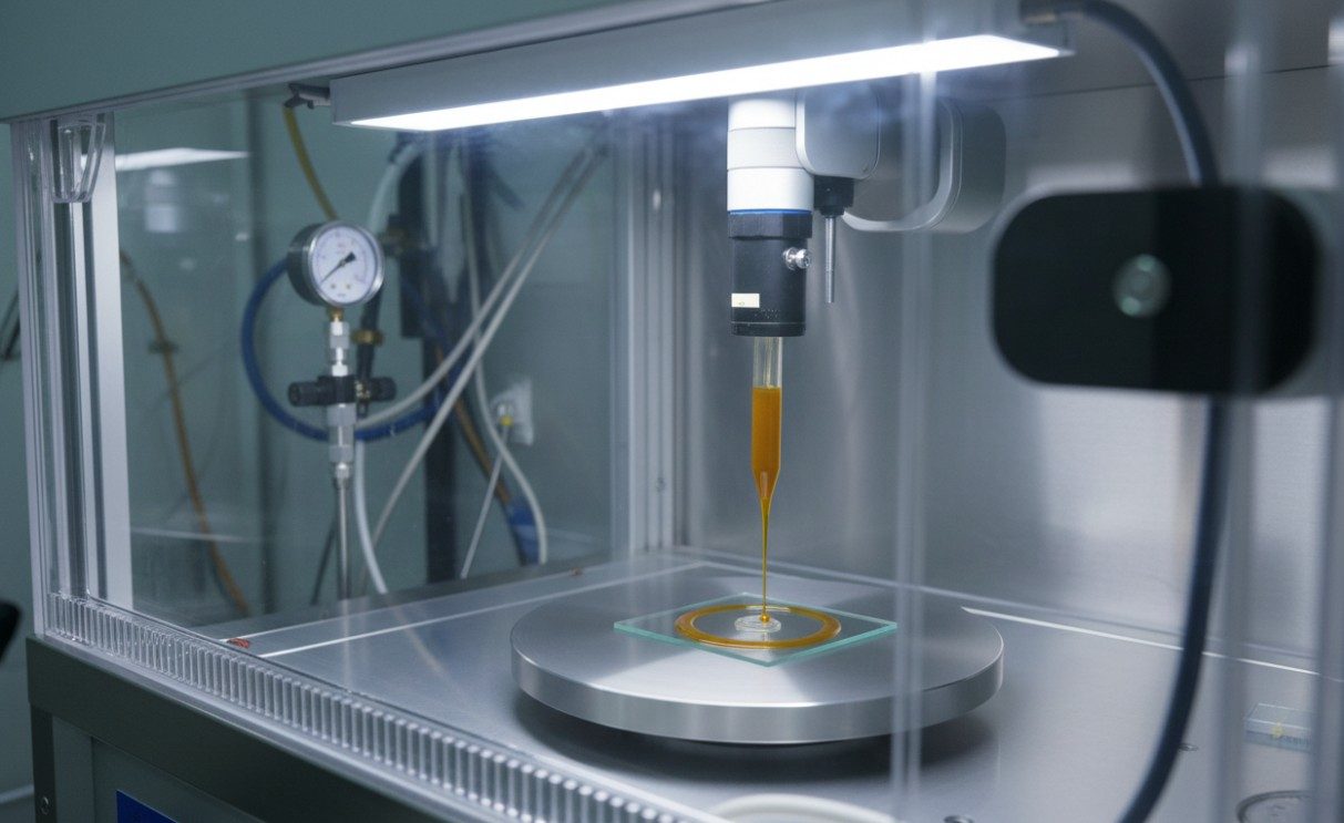 Spin-coating of perovskite precursor solution inside nitrogen glovebox.