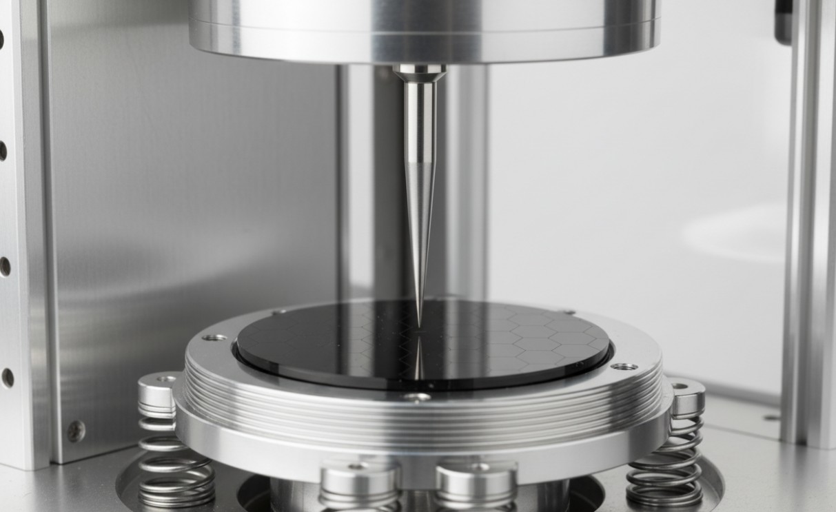 STM tip probing the atomically flat surface of an HOPG substrate.