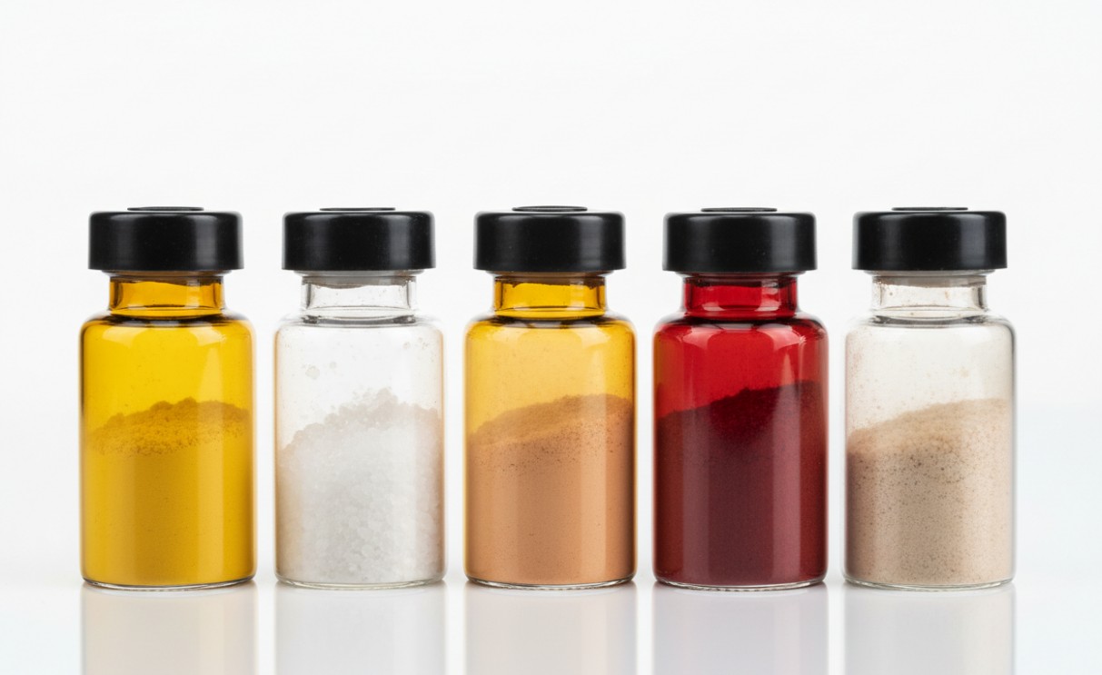 High-purity organic semiconductor powders in amber glass vials.