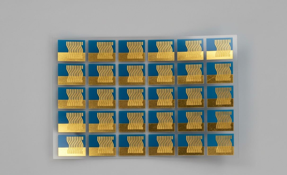 Organic thin-film transistor array on flexible transparent substrate.