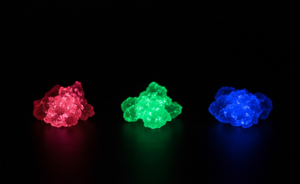 RGB luminescence of organic phosphorescent OLED materials under UV excitation.