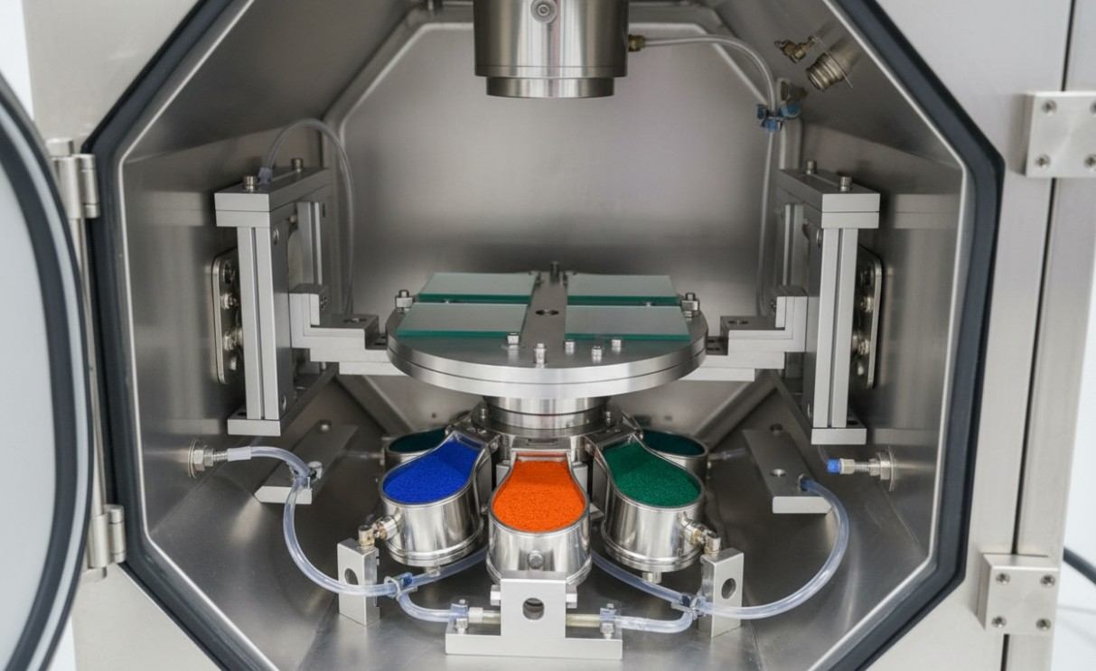 Vacuum thermal evaporation system for organic semiconductor film deposition.