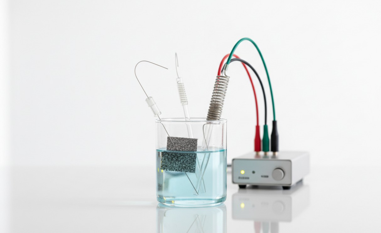 Three-electrode cell for single-atom catalyst electrochemical testing.