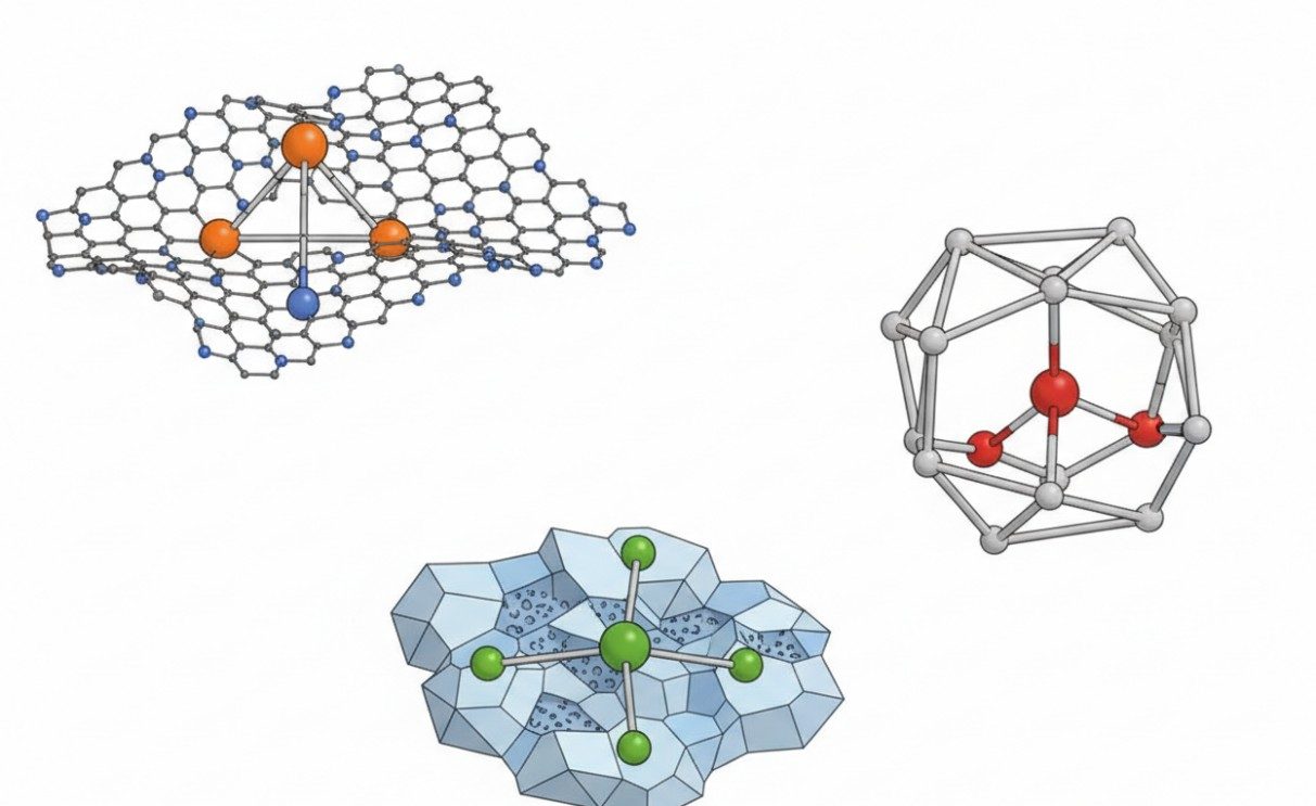 Single metal atoms anchored on various catalytic supports.