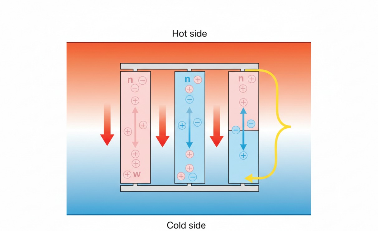 Working mechanism of thermoelectric device with heat and electric flow