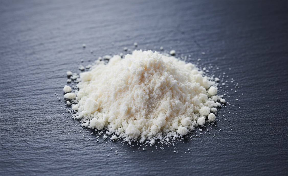 Fluffy hyaluronic acid powder on dark slate background