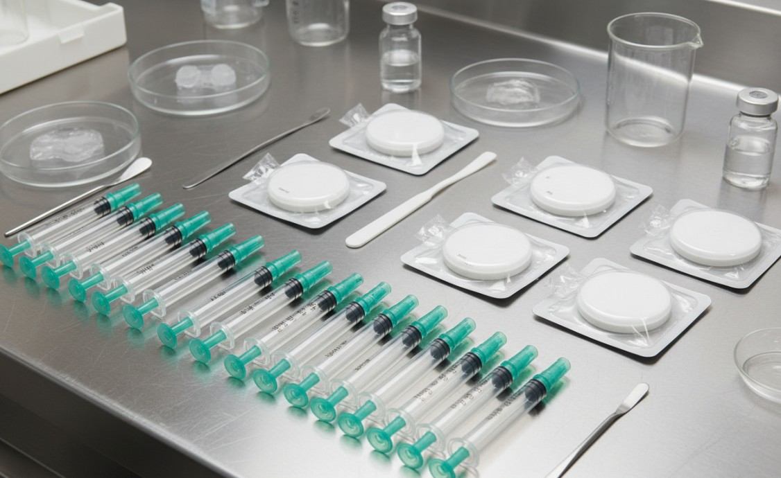 Sterile syringes and individually sealed membrane filters