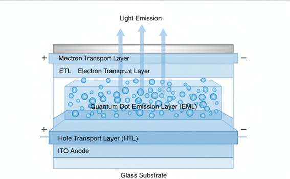 Cross-section of QLED showing layered structure of ITO anode, hole transport, quantum dot emission and electron transport layers.