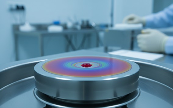  Cleanroom spin coating deposits uniform quantum dot thin films; interference colors indicate controlled film thickness.