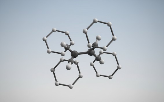 Ball-and-stick model of archetypal AIE luminogen TPE with propeller-shaped phenyl rings.
