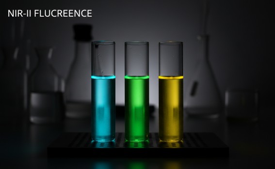 NIR-II fluorescent dye solutions with 1000–1700 nm false-color emission.