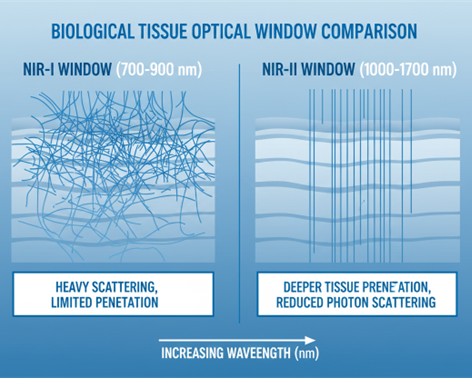Light-tissue interaction comparison between NIR-I and NIR-II windows.