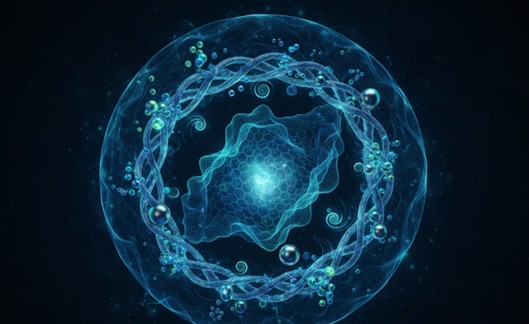Abstract circular visualization of nanomaterial structures in blue and teal tones