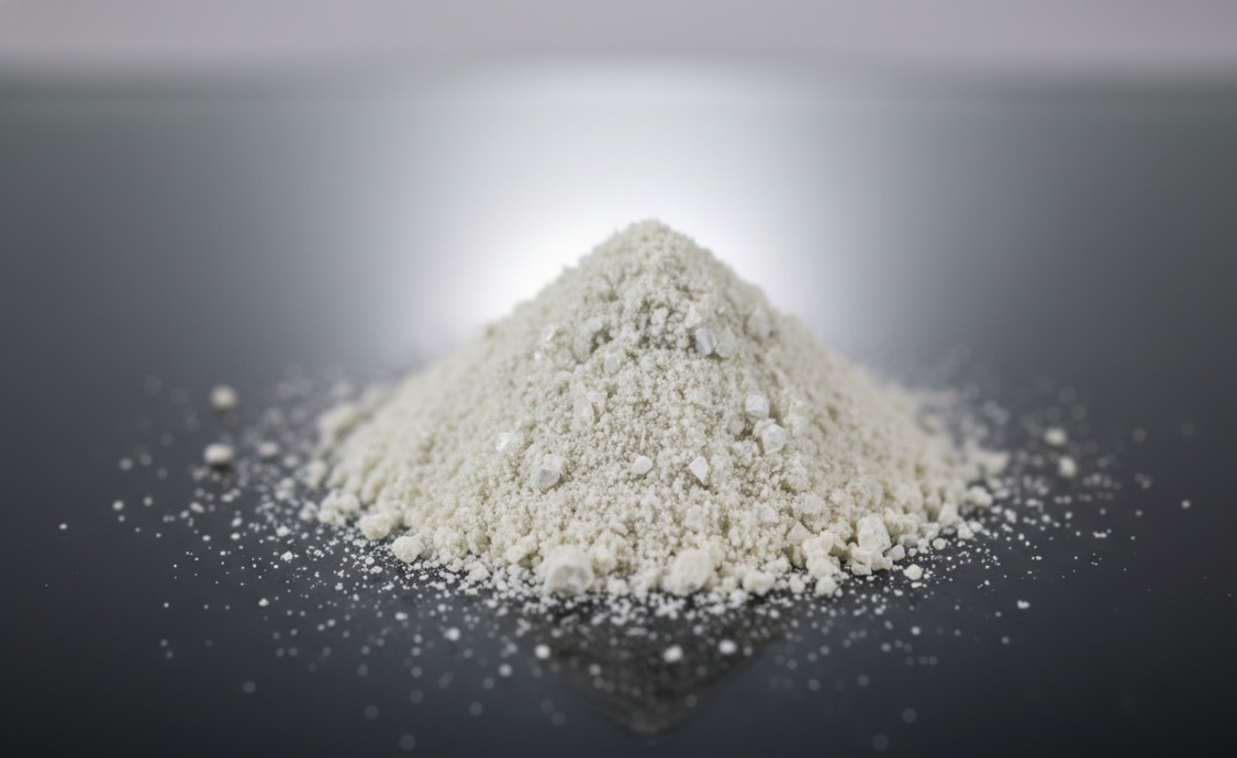 Pale white crystalline MOF powder piled on dark glass surface