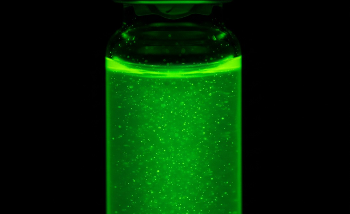 Bright green fluorescent quantum dot solution illuminated by UV light