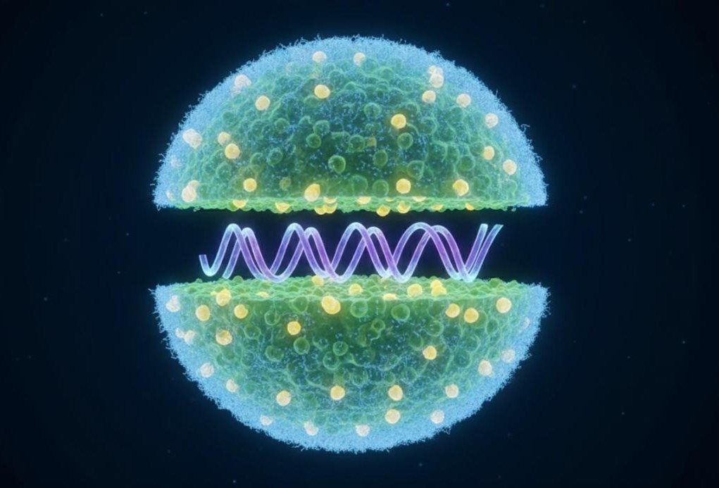 Cross-sectional view of a lipid nanoparticle displaying its ionizable lipid bilayer, cholesterol matrix, PEG-lipid corona, and encapsulated nucleic acid payload