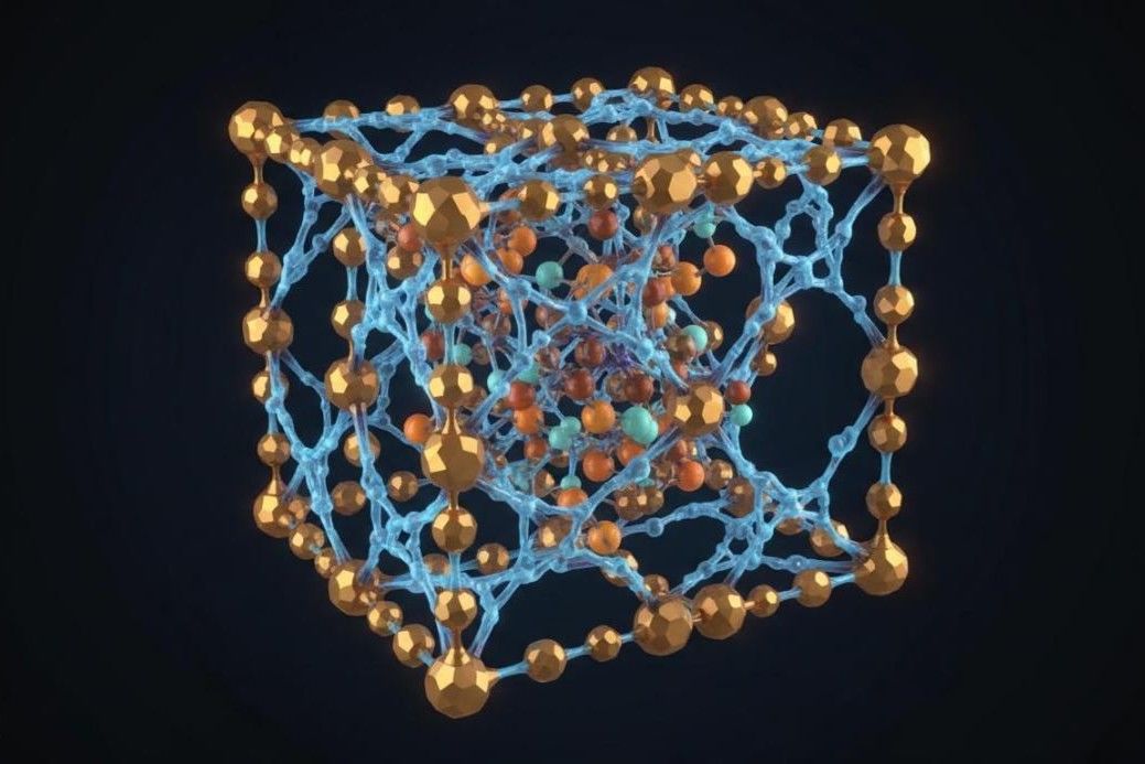 Metal-organic framework crystal structure with metal nodes linked by organic connectors forming a highly porous 3D network