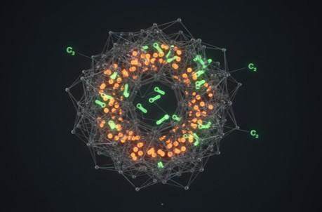Gas molecules adsorbed within the pore channels of a metal-organic framework demonstrating high-capacity storage