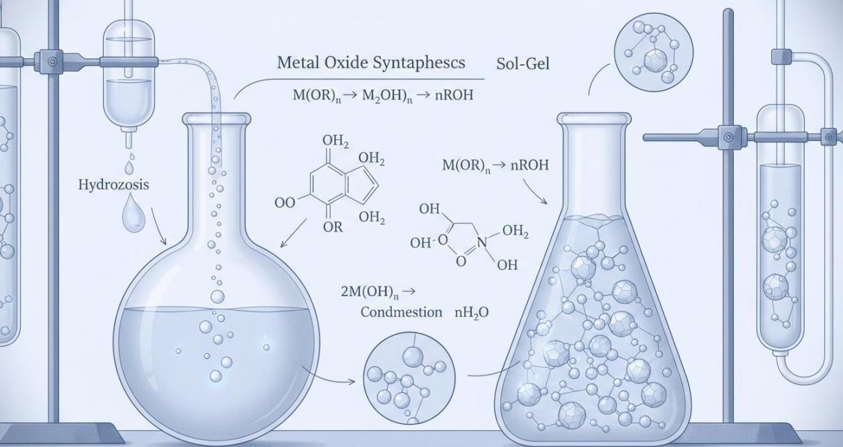 Sol-gel synthesis process demonstrating metal alkoxide hydrolysis and condensation in laboratory glassware