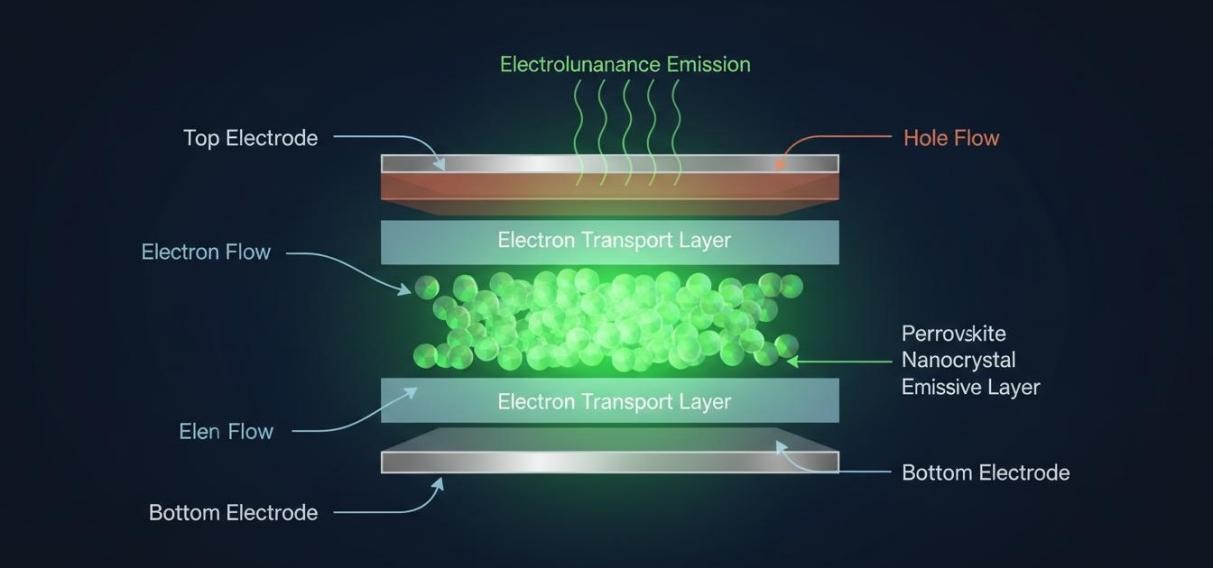 Layered perovskite nanoLED device architecture with electron and hole transport layers