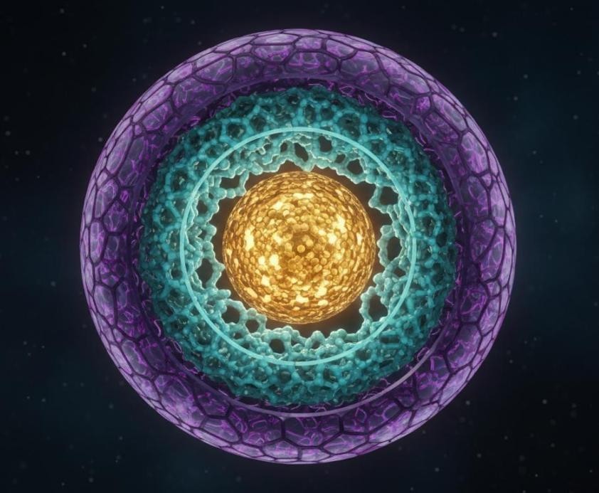 Multi-layered onion-like core-shell nanostructure with three concentric layers of distinct functional materials