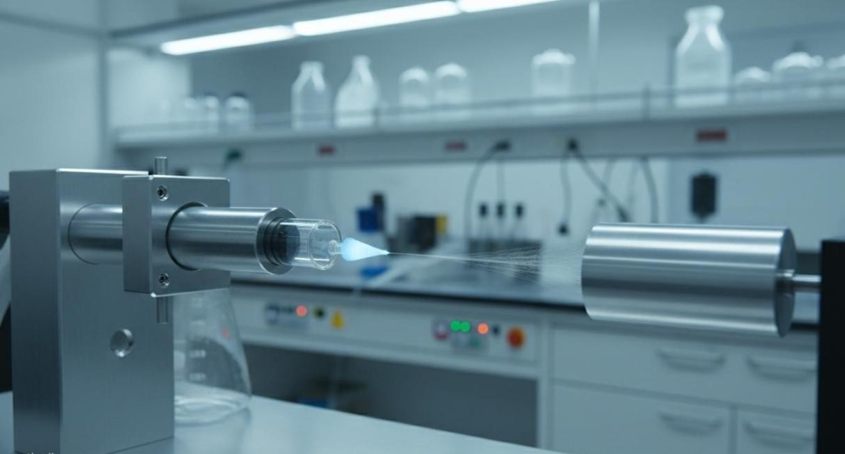 Laboratory electrospinning setup with syringe pump, high-voltage power supply, and rotating cylindrical collector in a cleanroom