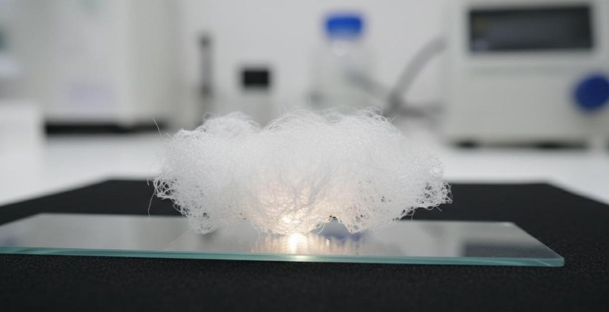Translucent electrospun nanofiber scaffold on glass substrate, showing fluffy porous morphology for tissue engineering