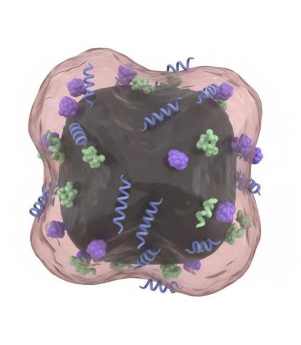 Red blood cell membrane-cloaked nanoparticle featuring a phospholipid bilayer and embedded surface proteins