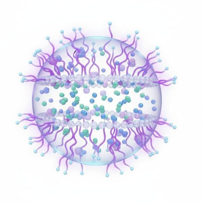 PEGylated liposome vesicle featuring a phospholipid bilayer architecture with encapsulated therapeutic cargo