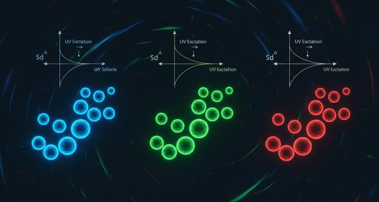 Size-adjustable quantum dots fluorescing in blue, green, and red when excited by UV light