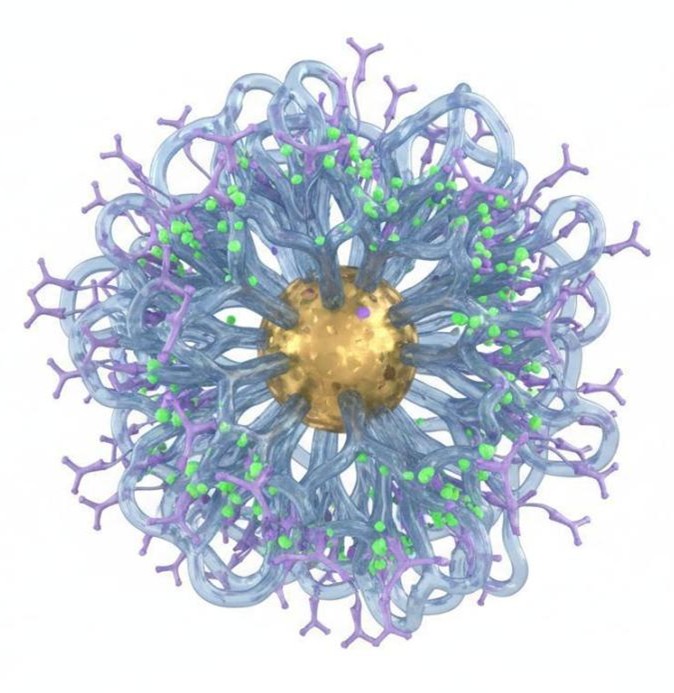 Multifunctional nanoparticle with a gold core, PEG polymer shell, antibody ligands, and fluorescent dye surface tags