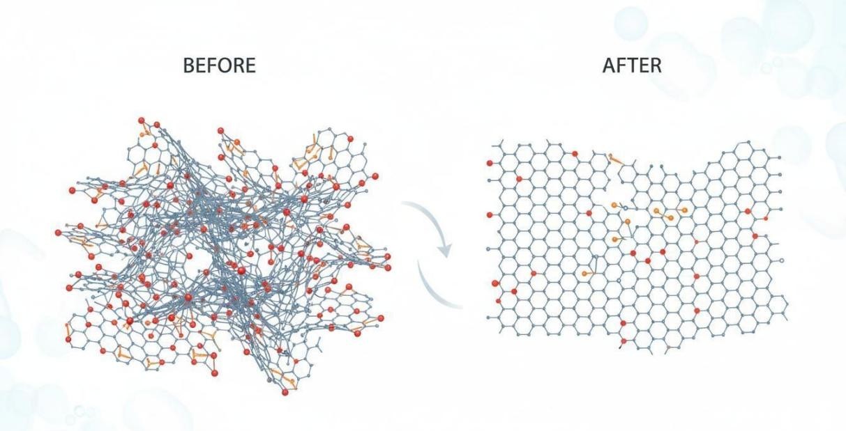 Graphene oxide sheets being reduced to recover the sp2 carbon network and restore electrical conductivity