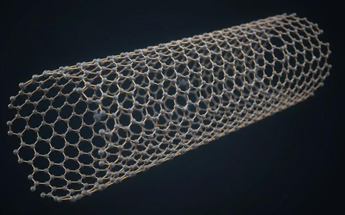 Single-walled carbon nanotube featuring a seamless cylindrical graphene lattice with a clear hexagonal carbon pattern