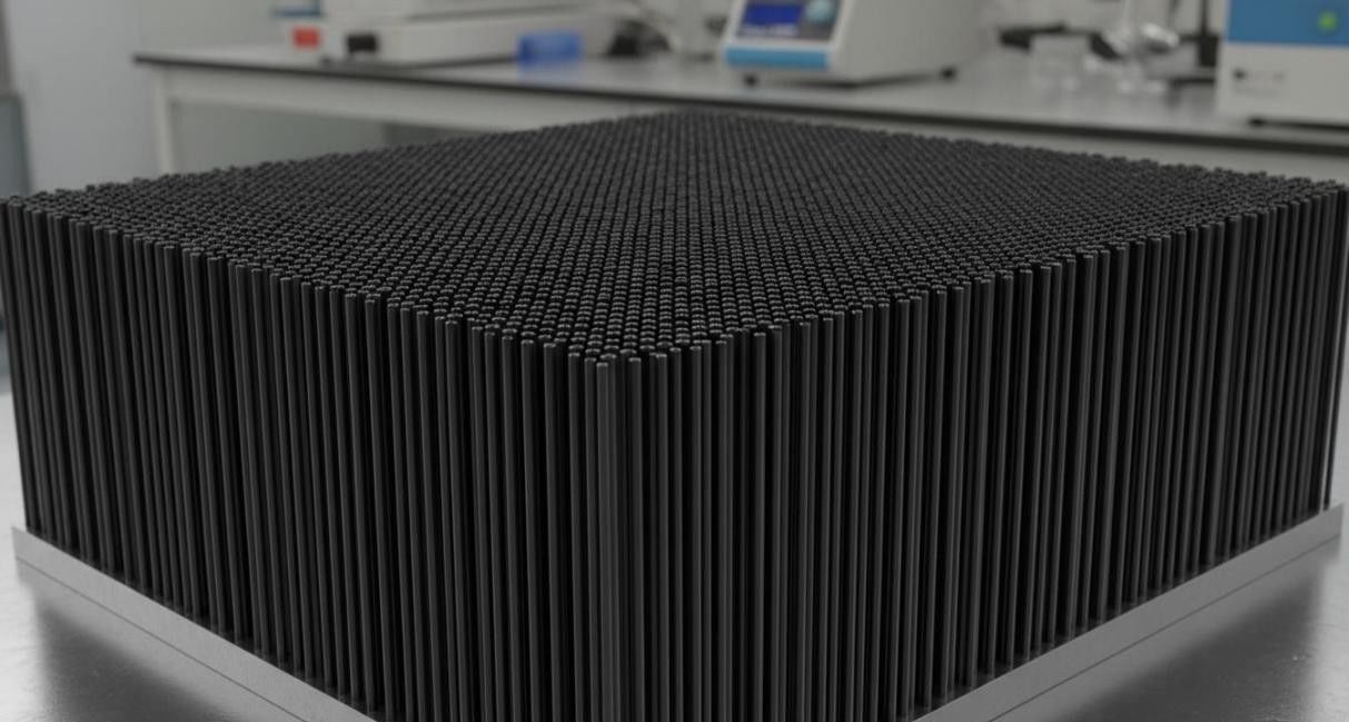 Vertically aligned multi-walled carbon nanotube forest grown on a silicon substrate via CVD, forming a dense perpendicular array