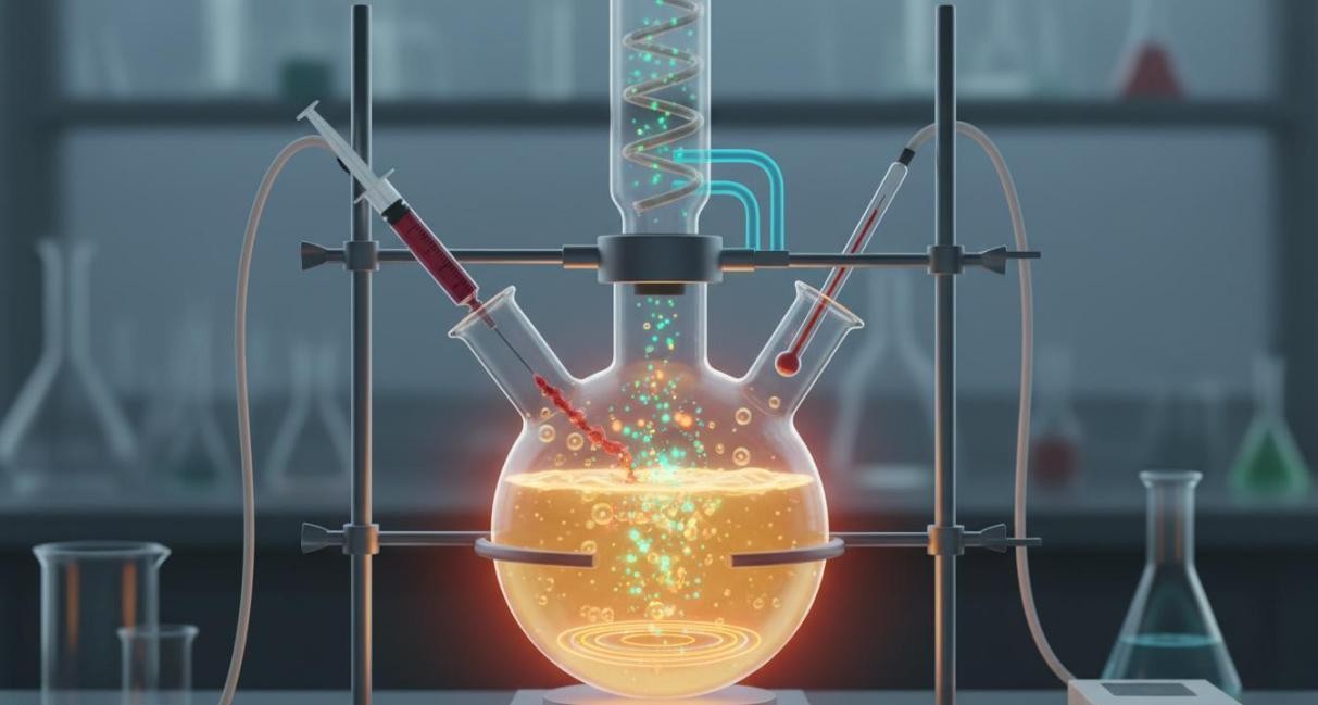Hot-injection synthesis setup demonstrating precursor injection into a heated reaction flask for controlled quantum dot nucleation and growth