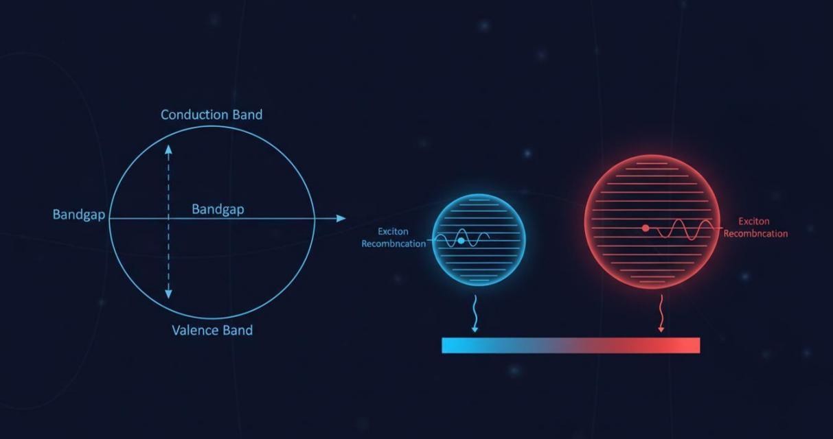 Quantum confinement effect displaying size-dependent bandgap and exciton recombination producing photon emission from blue to red